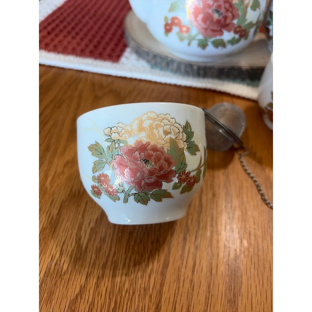 Vintage Japanese Porcelain Tea Set Floral Peony Gold Gilt Teapot 3 Cups Infuser